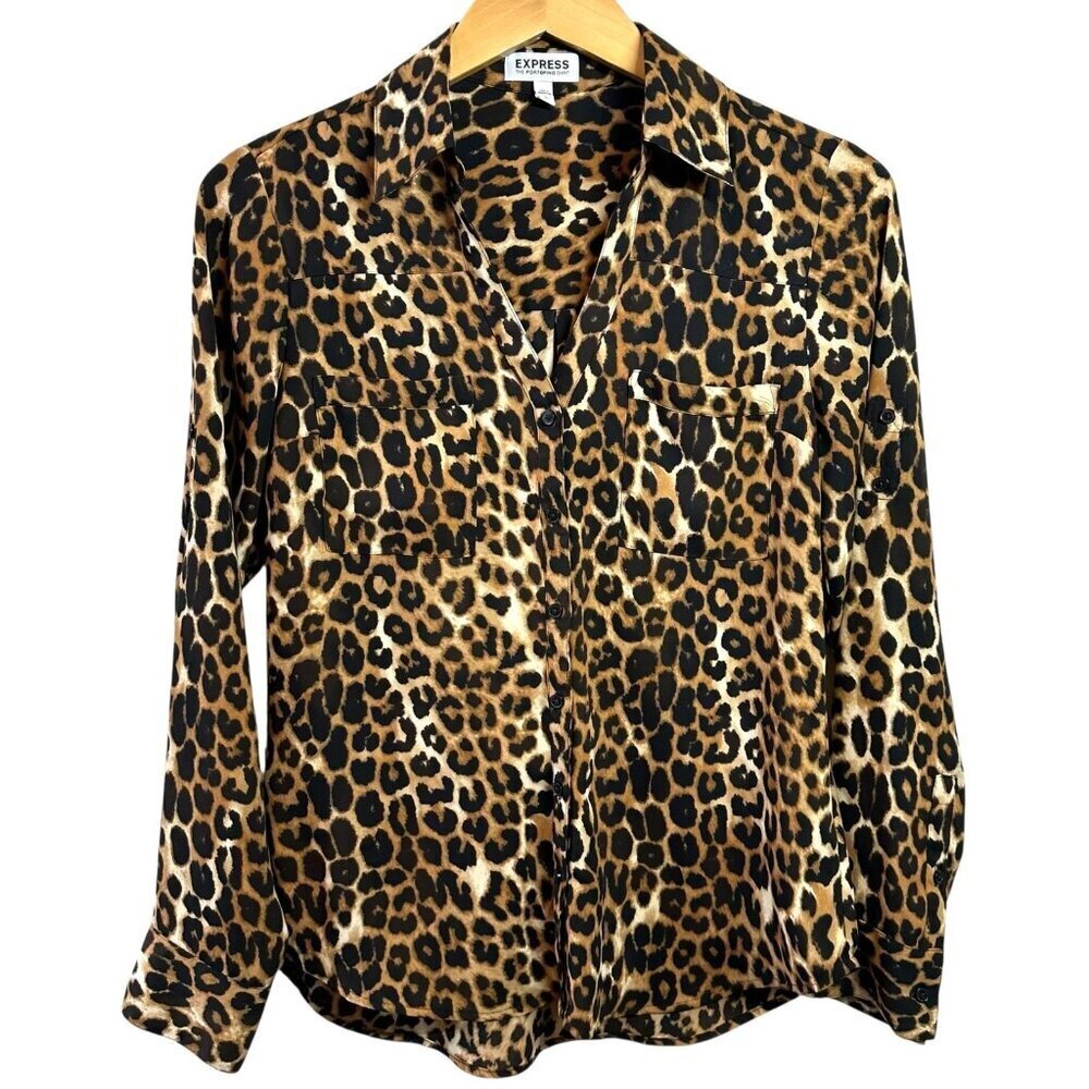 Express Portofino Shirt in Brown & Black Leopard Print Crepe Size Small - Picture 3 of 7